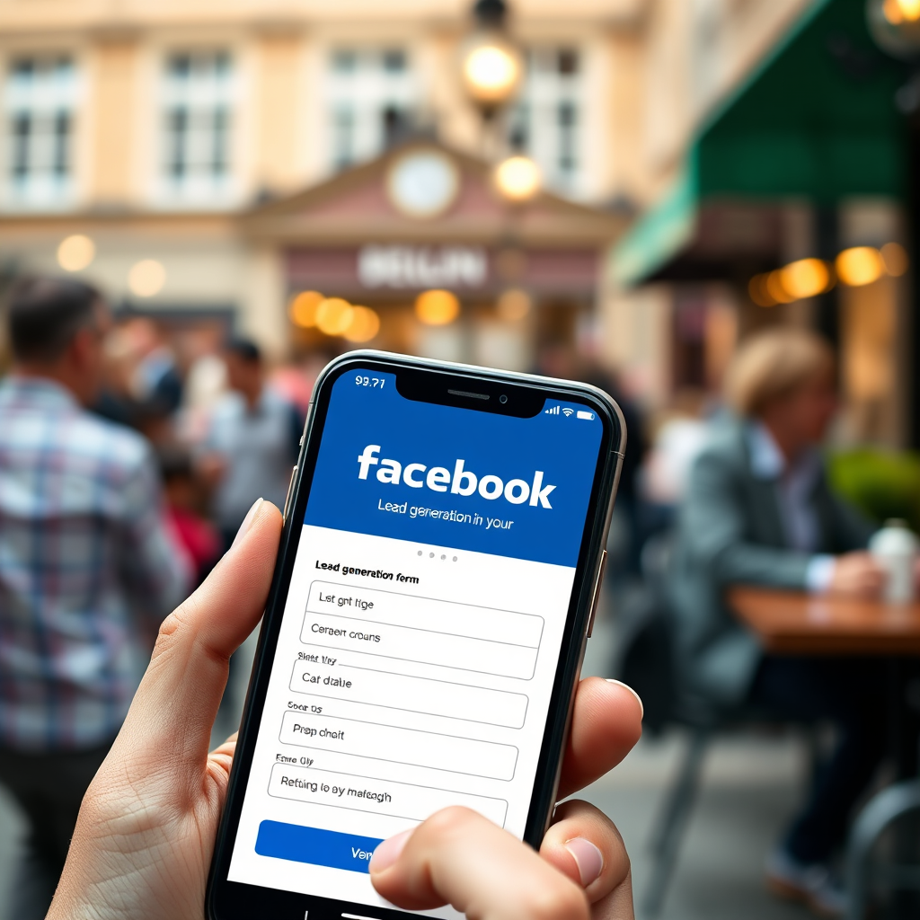 A photorealistic image of a Facebook lead generation form on a smartphone, with a user about to fill it out. The background is a blurred image of a busy Berlin cafe. The color palette is clean and professional. Technical specs: High resolution, clear focus on the form fields.