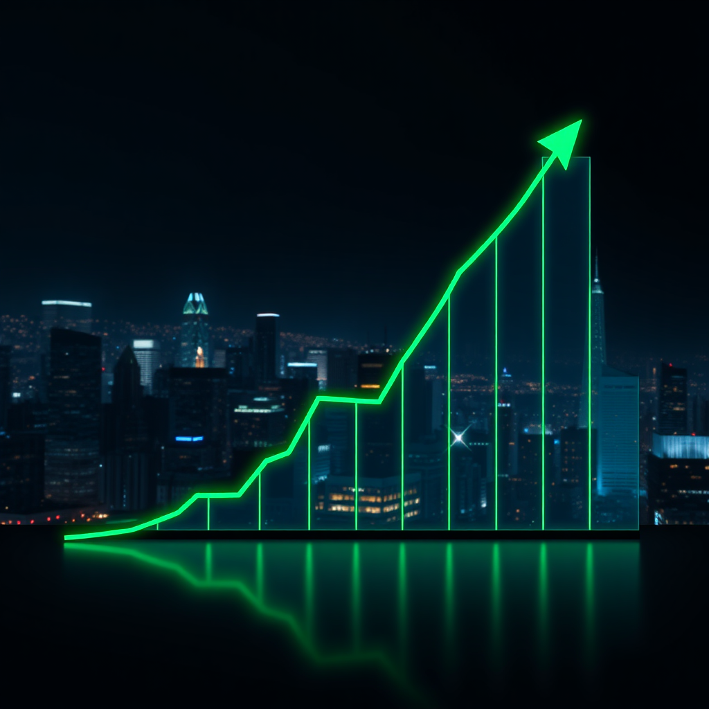 A photorealistic image of a graph showing an exponential upward curve, representing the growth of affiliate earnings. The background shows a cityscape at night, symbolizing the limitless possibilities of online business. The color palette is dark and sophisticated, with vibrant greens and blues highlighting the graph. Technical specs: 4K resolution, high quality.