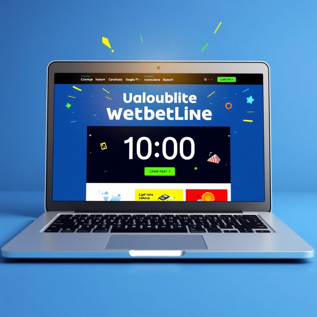 A photorealistic image of a laptop displaying a website launching. The screen showcases a countdown timer hitting zero, with celebratory graphics and animations. The color palette is exciting and dynamic, with bright blues, greens, and yellows. The overall scene conveys a sense of anticipation and success. 4K resolution, high quality.