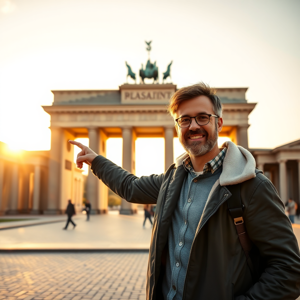 A photorealistic image of a local expert standing in front of the Brandenburg Gate, confidently pointing towards the city. The background is the iconic landmark bathed in golden light. The color palette reflects the historical significance and modernity of Berlin. Technical specs: High resolution.