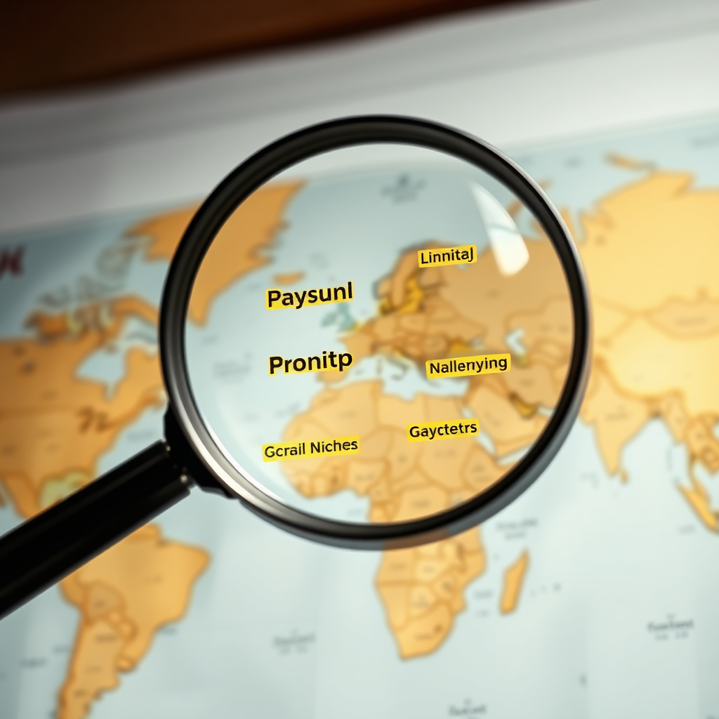A photorealistic image of a magnifying glass hovering over a world map, focusing on several highlighted areas representing profitable niches. The lighting is soft and diffused, creating a sense of discovery. The color palette is warm and inviting, with golds and greens dominating. The background is blurred, emphasizing the focus on the map. Shot from a slightly elevated angle. Technical specs: 4K resolution, high quality.