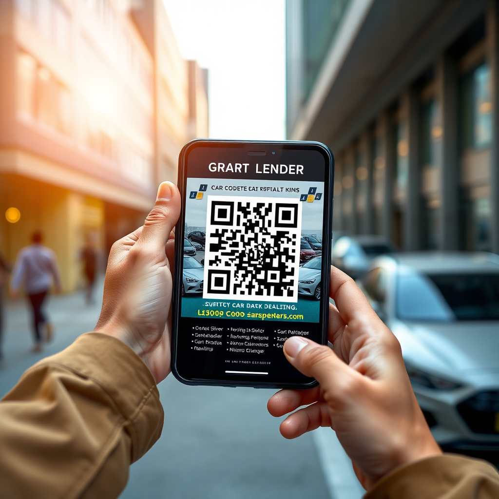 A photorealistic image of a person scanning a QR code on a sleekly designed flyer promoting a car dealership. The flyer should be visually appealing and informative. The background should be a modern urban setting. The lighting should be natural and inviting. Technical specs: 4K resolution, high quality rendering.