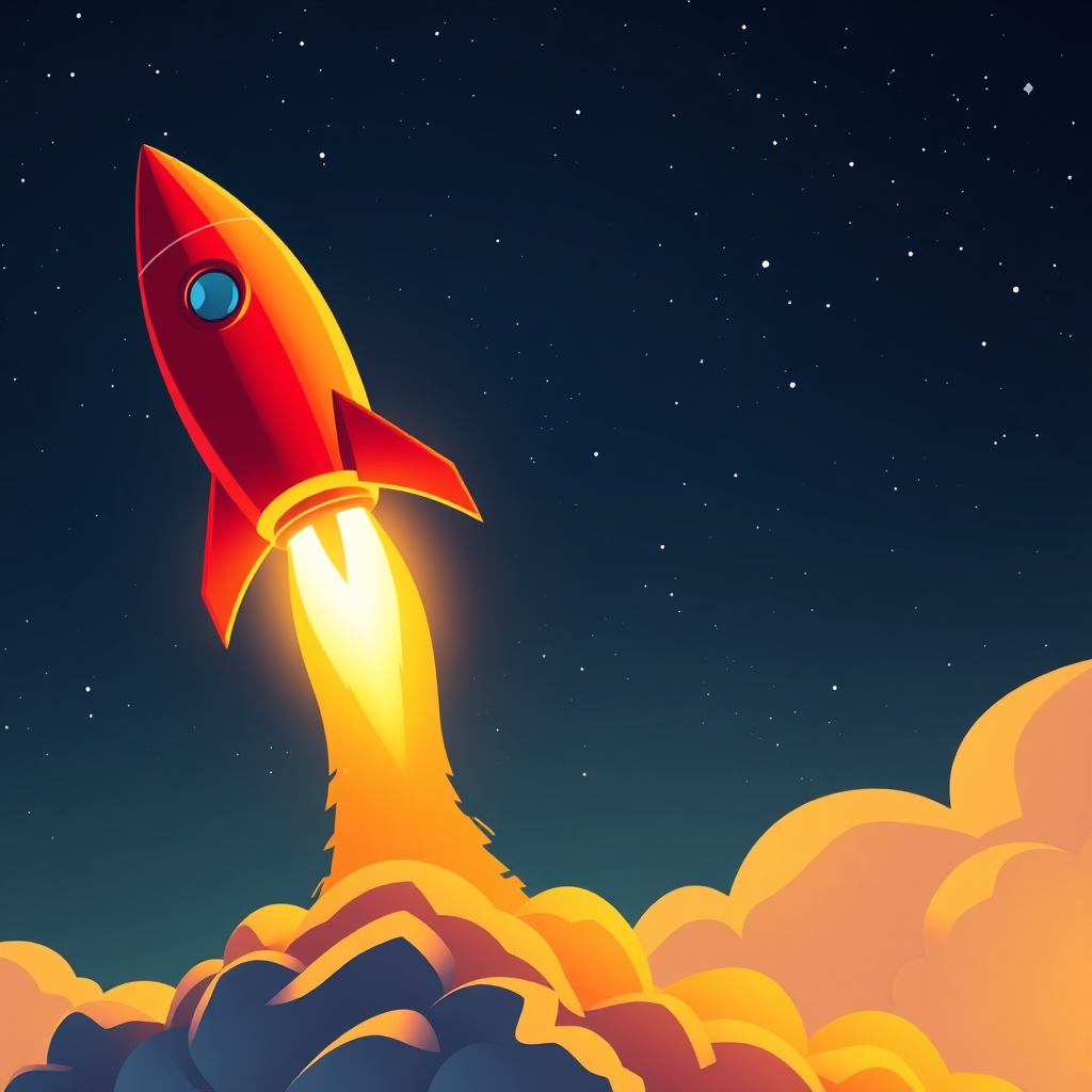 A photorealistic image of a rocket taking off into space, symbolizing the rapid progress and potential for success in affiliate marketing with the right guidance. The background shows a starry night sky. The color palette is vibrant and dynamic, with reds, oranges, and yellows dominating. Technical specs: 4K resolution, high quality.