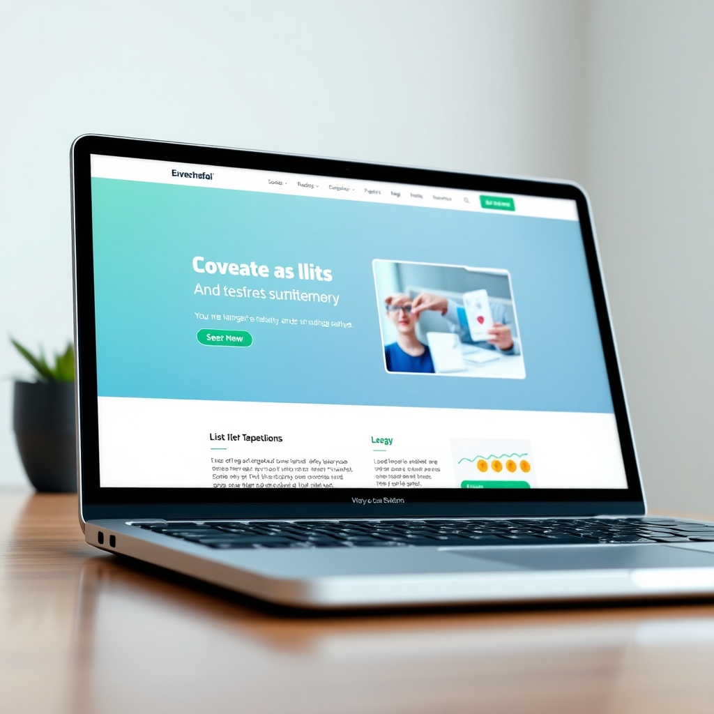 A photorealistic image of a sleek and modern landing page displayed on a laptop screen. The landing page features a clear call to action, compelling visuals, and persuasive copy. The lighting is soft and even, highlighting the landing page's design elements. The color palette is modern and inviting, with shades of blue, green, and white. Camera angle: Eye-level, capturing the entire screen. Style: Modern, clean, and professional. Texture: Smooth screen surface with high-resolution graphics.