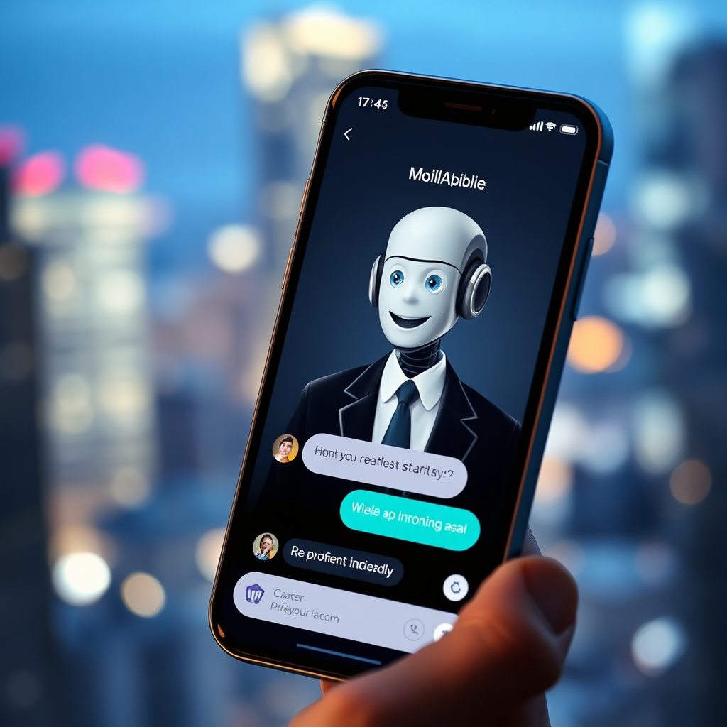 A photorealistic image of a smartphone displaying a chat interface with a friendly AI chatbot avatar. The background shows a blurred cityscape at night, symbolizing 24/7 availability. The chatbot avatar should be professional and approachable, possibly wearing a suit or tie. The chat interface should be clean and easy to understand, with clear messaging and options. The lighting is soft and inviting, highlighting the accessibility of the chatbot. The composition should emphasize the convenience and efficiency of the service. Technical specs: high resolution, focus on detail and clarity. Style references: modern mobile app design and chatbot interfaces. Camera angle: close-up, focusing on the smartphone screen and the chatbot avatar.