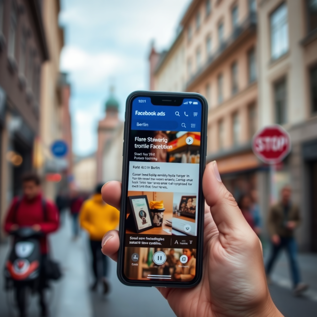 A photorealistic image of a smartphone displaying a Facebook ad targeted at a specific demographic in Berlin. The ad features a product or service relevant to that demographic. The background is a blurred image of a typical Berlin street scene. The color palette is vibrant and eye-catching, designed to grab attention on a mobile device. The lighting is natural and realistic. Technical specs: High resolution, clear focus on the smartphone screen.