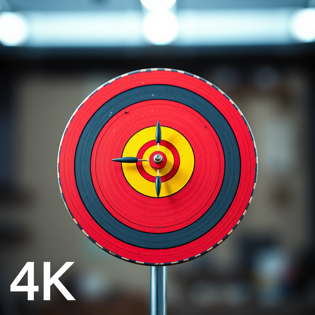 A photorealistic image of a target with a bullseye, symbolizing the ability to pinpoint profitable niches. The background is blurred, emphasizing the focus on the target. The color palette is vibrant and dynamic, with reds and yellows dominating. Technical specs: 4K resolution, high quality.