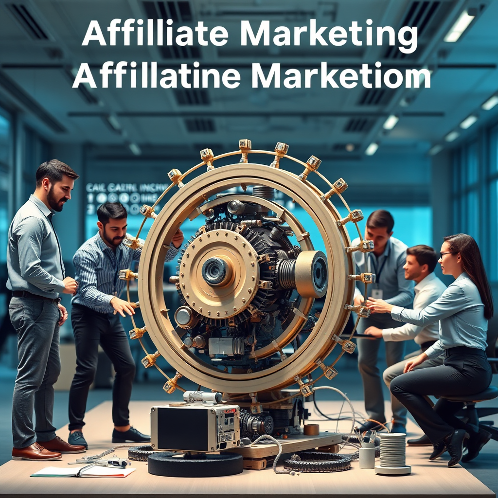 A photorealistic image of a team of people working together to build a complex machine, symbolizing the collaborative effort required to implement a successful affiliate marketing system. The background is a modern office environment. The color palette is professional and collaborative, with blues and greens dominating. Technical specs: 4K resolution, high quality.