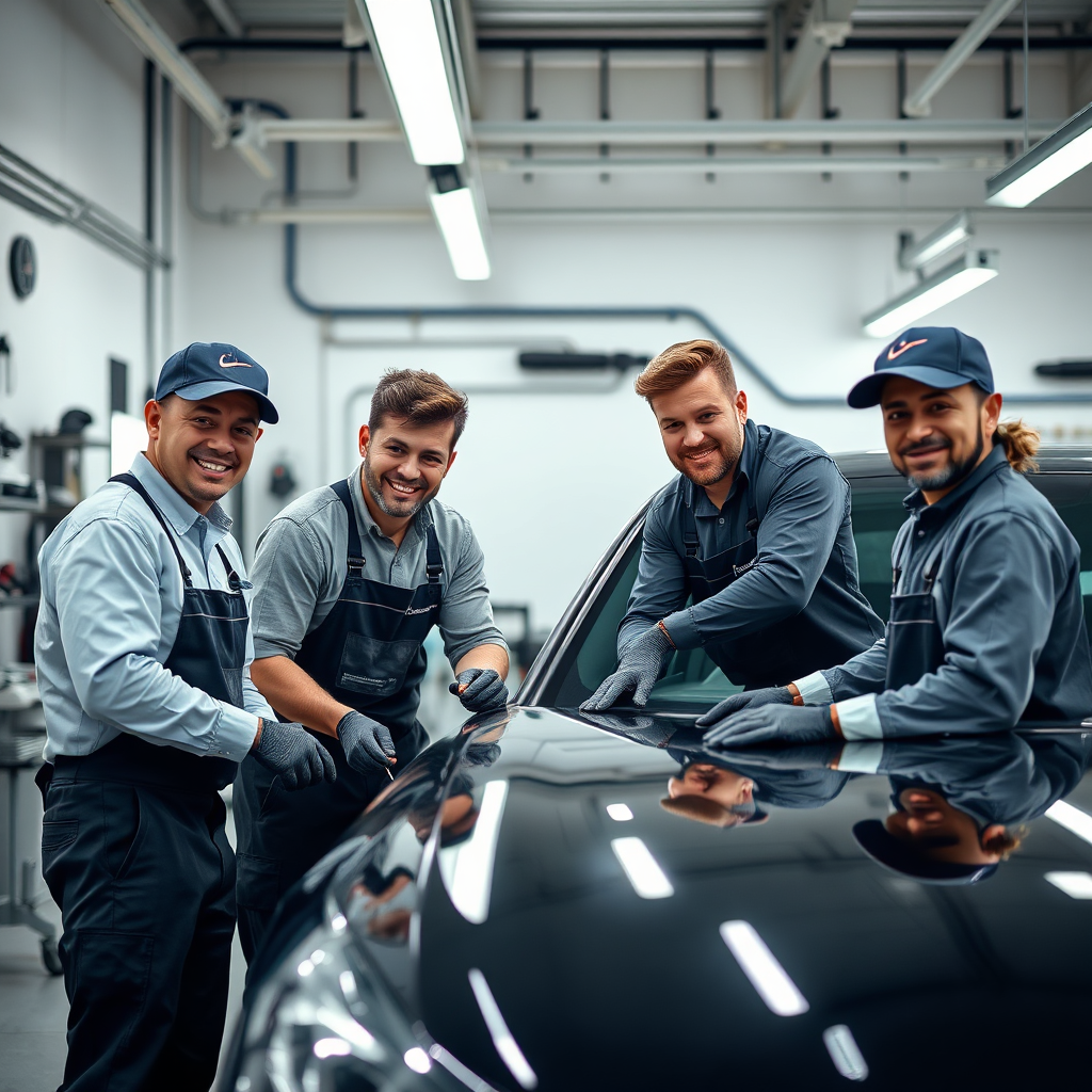 A photorealistic image of a team of professional car detailers working collaboratively on a car in a clean and organized detailing shop. They are smiling and engaged in their work. The lighting is bright and professional. Style: Automotive detailing team portrait.