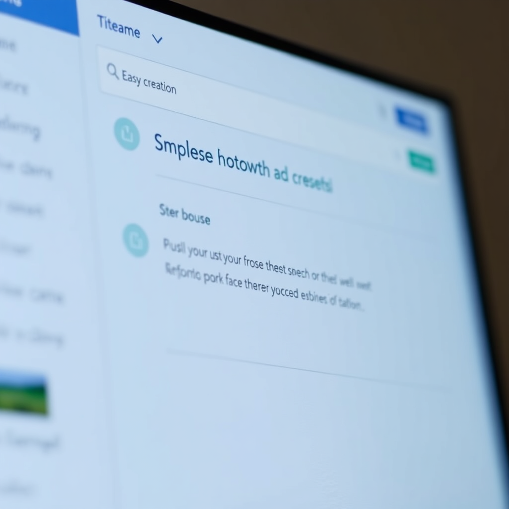 A photorealistic image of a user interface with a simplified 3-step ad creation process. The interface is clean and intuitive, with clear instructions and easy-to-use controls. The lighting is bright and even, highlighting the user-friendliness of the platform. The color palette is modern and inviting, with shades of blue, green, and white. Camera angle: Close-up, focusing on the screen details. Style: Clean, user-friendly, and modern. Texture: Smooth screen surface with easy-to-read text.