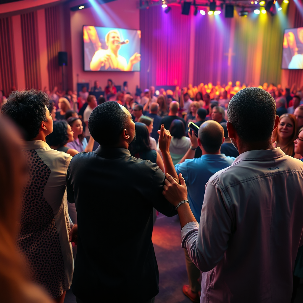A photorealistic image of a vibrant Sunday worship service at Miracle Church in Berlin. The scene is filled with music, singing, and joyful expressions of faith. The color palette is warm and inviting. The camera angle captures the energy of the service. Style reference: Gospel music concert photography. Technical specs: 4K resolution, high quality.