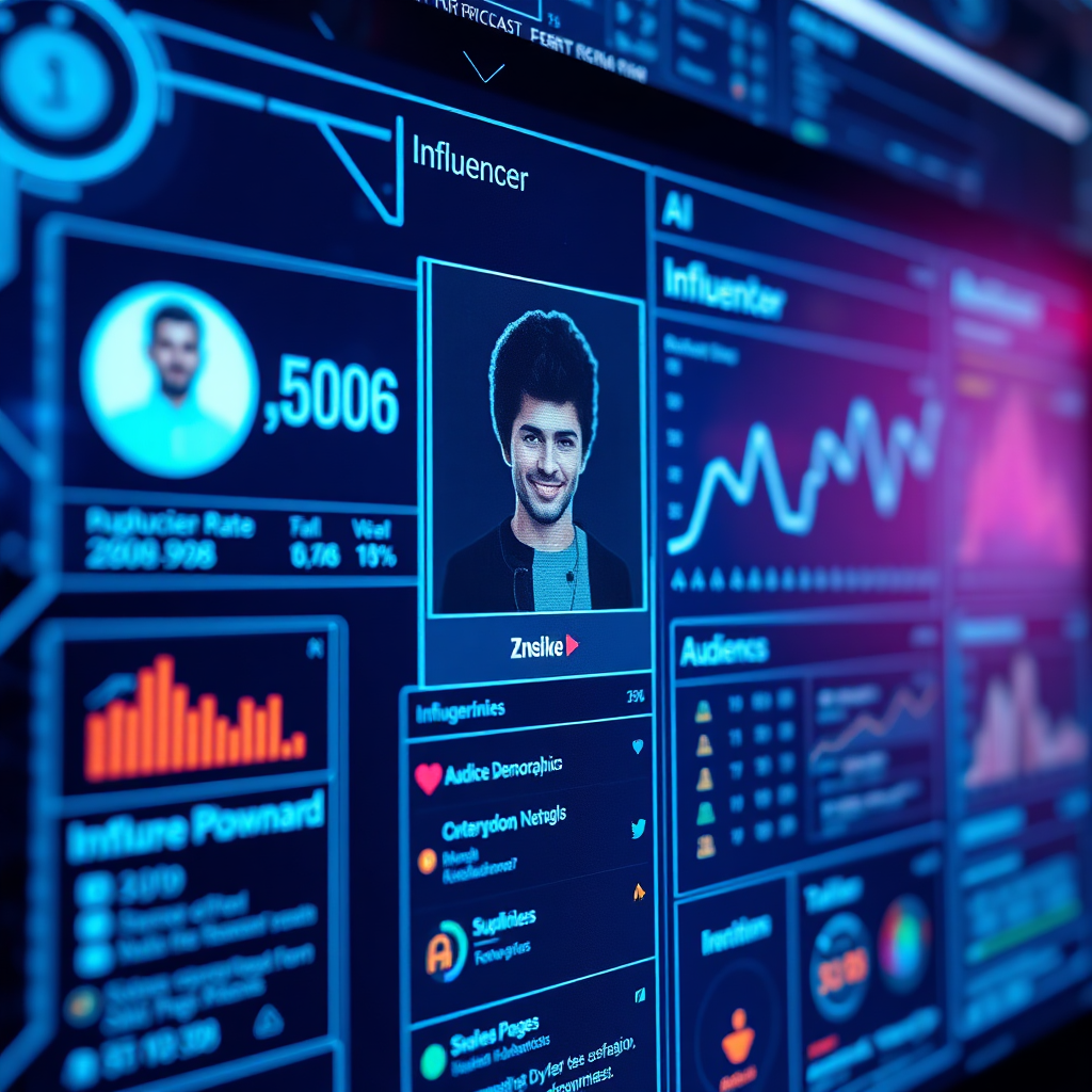 A photorealistic image of AI algorithm identifying an influencer with specific metrics and analytics in the background. Focus on futuristic interface with influencer's profile highlighted. Include data points like engagement rate, audience demographics, and past collaborations. The lighting is a cool blue tone, with pops of vibrant colors highlighting key data. Camera angle is a close-up focusing on the screen and its intricate details. Rendered in 4K resolution.