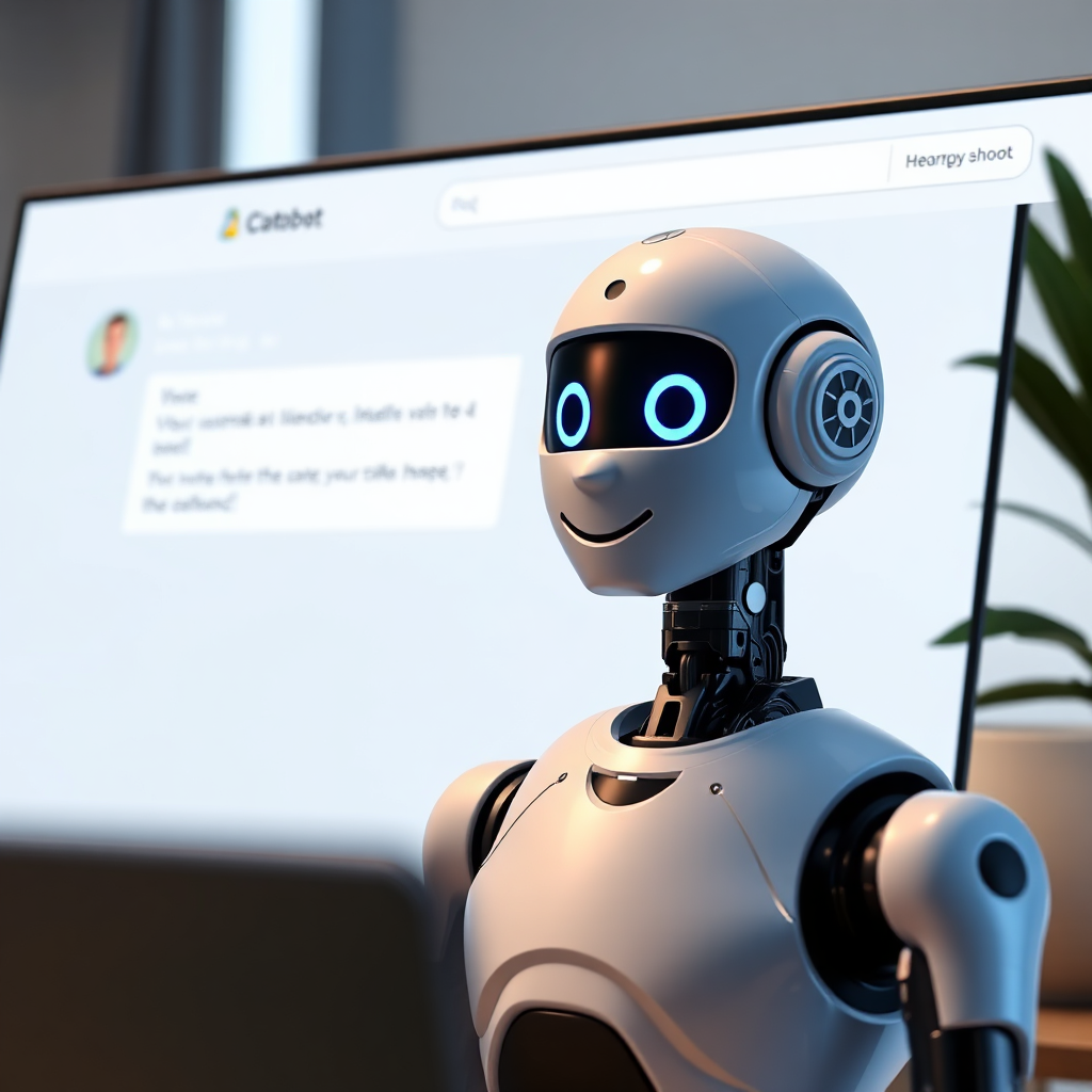 A photorealistic image of an AI chatbot interface appearing as a friendly avatar on a website. The chatbot is responding to a customer query in a natural language. The website design is clean and modern. Lighting is soft and inviting.