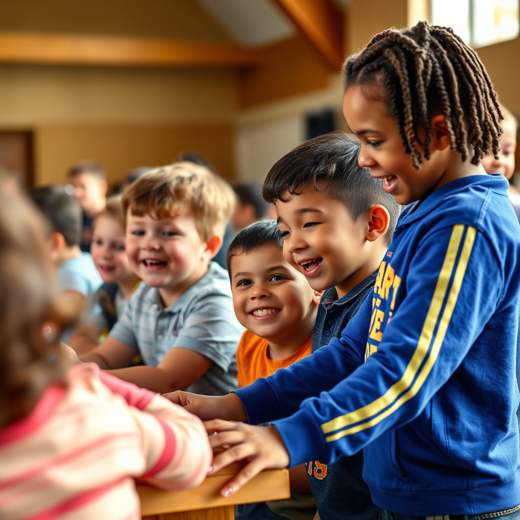 A photorealistic image of children participating in a youth program at the church. The scene is filled with laughter, learning, and positive interaction. Style reference: Children's activity photography. Technical specs: 4K resolution, high quality.