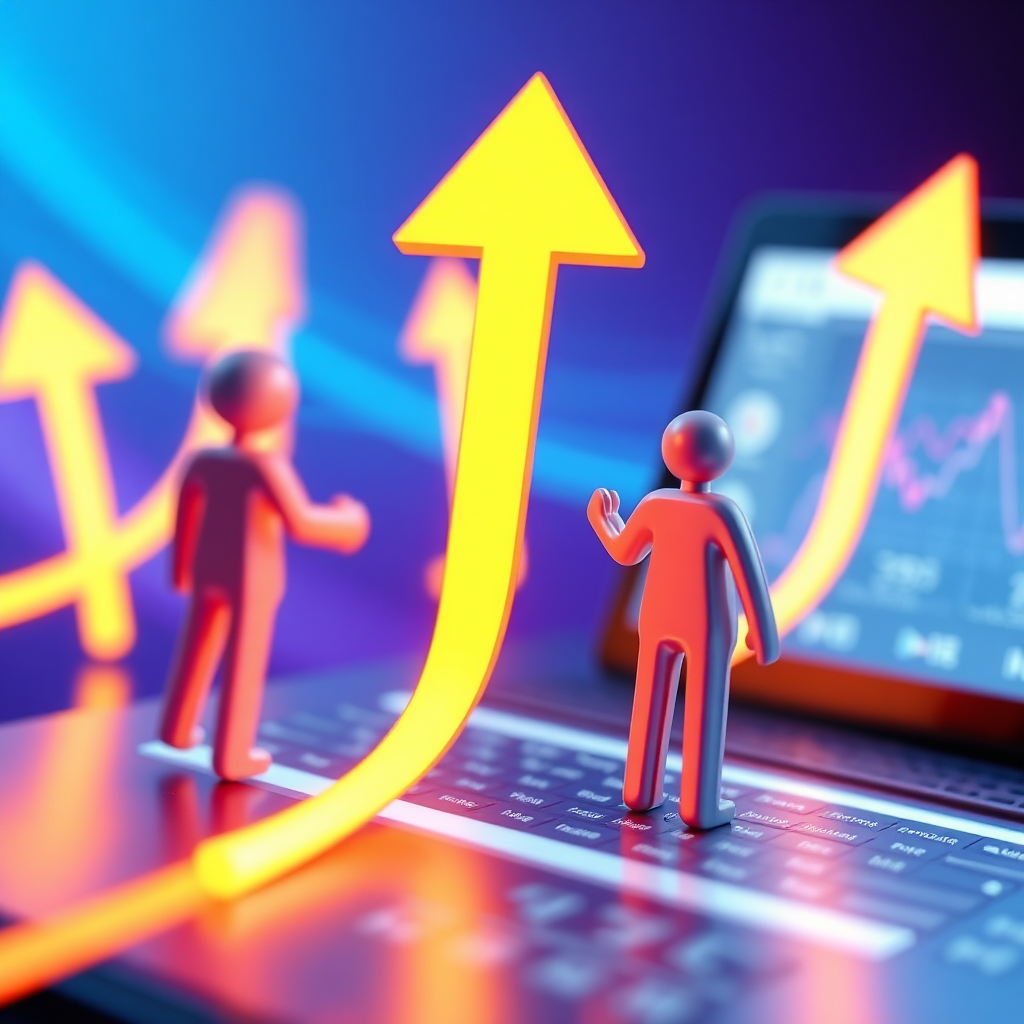 A photorealistic image of leads flowing towards a product or service, where the leads are presented as 3D icons of a person and arrow directed at the product. The arrows are glowing. The background is a gradient of blues and purples, symbolizing online traffic. Camera angle is a slightly elevated perspective, showing the flow of traffic. Texture details include the smooth interface of the product landing page and the dynamic movement of the avatars. 4K resolution.