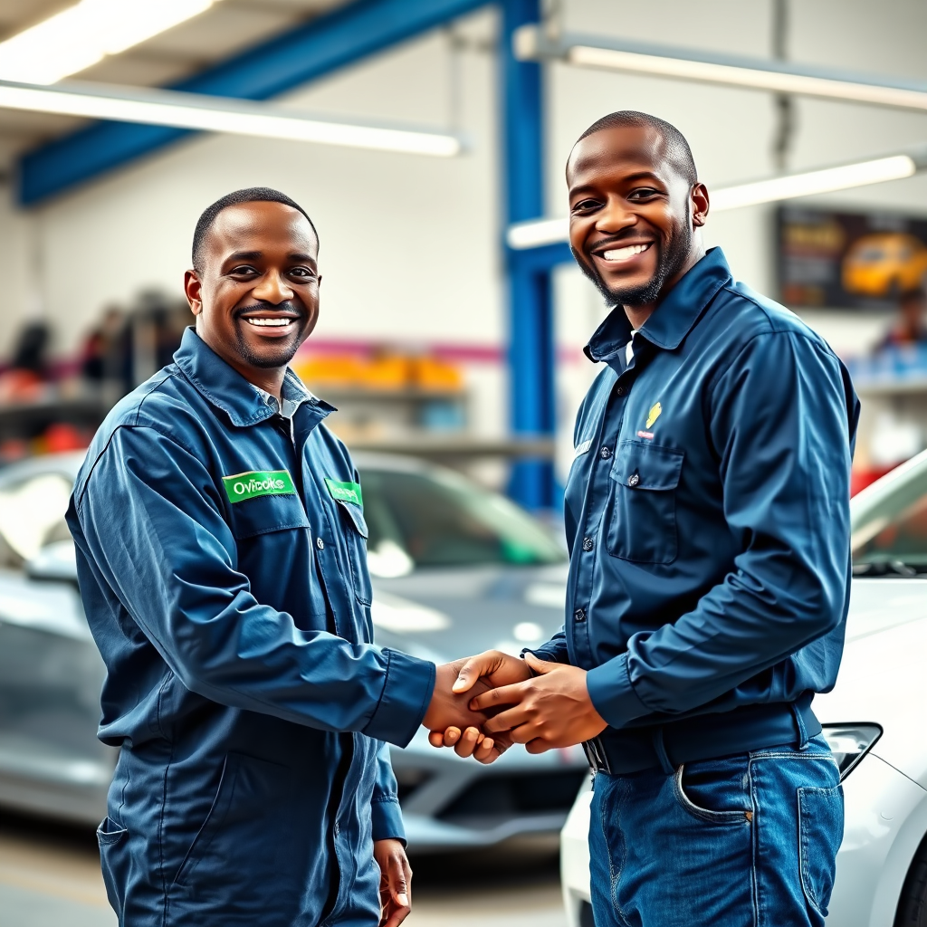 A photorealistic image of the owner of Oyiboke Car Repairs shaking hands with a satisfied customer in front of the workshop. The owner is wearing a clean mechanic's uniform with the Oyiboke logo. The customer is smiling, holding the keys to their freshly repaired car. The background shows a clean and organized workshop. Lighting is bright and natural. Color palette is vibrant and trustworthy, with blues, greens, and whites. Camera angle is medium shot, focusing on the interaction between the owner and customer. 4K resolution, high quality.