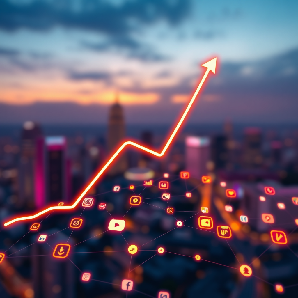 A photorealistic image representing the mission of Frank's Influencer Marketing Agency. The image should feature a stylized upward-trending graph overlaid on a vibrant, interconnected network of social media icons (Instagram, TikTok, YouTube, etc.). The background is a blurred cityscape at sunset, symbolizing growth and opportunity. The graph line glows with a warm, inviting light, drawing the viewer's eye. The social media icons are subtly animated, suggesting dynamic engagement. Color palette is a blend of vibrant blues, purples, and oranges. The camera angle is a slightly low angle, emphasizing the upward trajectory. Texture details include the smooth, clean lines of the graph and the subtle glow of the icons. No specific props are needed, as the image should focus on abstract concepts. The overall style is modern, tech-forward, and optimistic. 4K resolution, high quality.