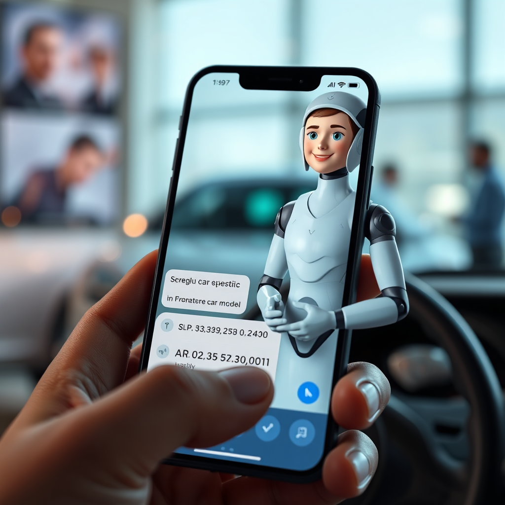 A photorealistic image showcasing the core concept of AI Vehicle Assistant. Visualize a clean, modern smartphone screen displaying a chat interface. On one side of the screen, a car enthusiast is typing a question about a specific car model. On the other side, a friendly, helpful AI assistant avatar responds instantly with detailed information. The background subtly hints at a car dealership, with blurred images of cars and salespeople. Lighting is soft and inviting, with a color palette of calming blues and greens. The camera angle is close-up to emphasize the smartphone screen and the interaction. Textures are sharp and clear, highlighting the details of the user interface and the AI avatar. Style reference: Modern tech company promotional material. Technical specs: 4K resolution, high quality rendering.