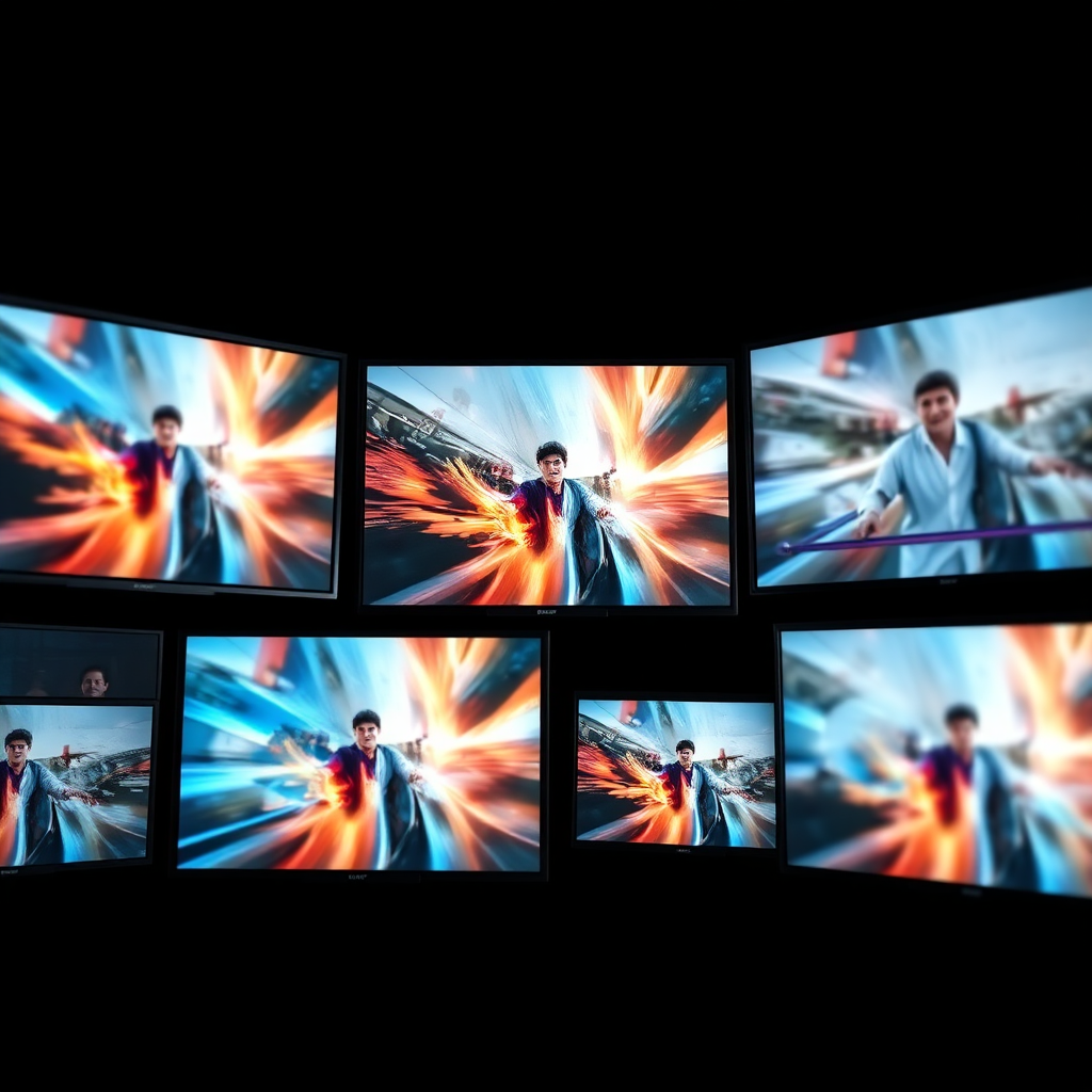 A photorealistic image showcasing various screens displaying engaging video content. Some screens have dynamic motion graphics and others have live-action shots. The screens are arranged in a visually appealing way, highlighting the diversity and impact of video marketing. The background is a dark, blurred background to emphasize the screens. Color palette is vibrant and eye-catching, with a focus on blues and oranges. The camera angle is a medium shot, capturing the screens. Texture details include the smooth surfaces of the screens and the dynamic movement of the video content. 4K resolution.