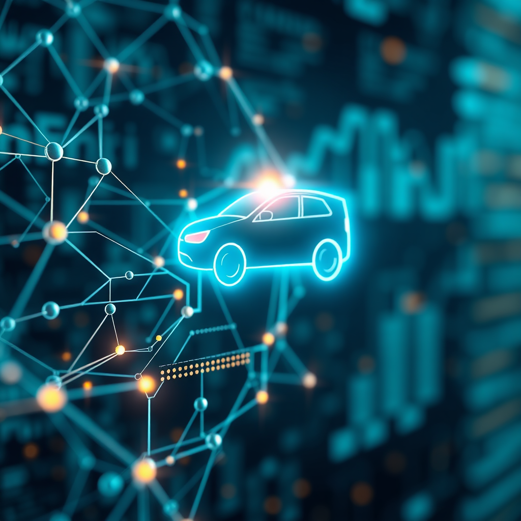A photorealistic image showcasing an AI neural network analyzing customer data and generating a qualified lead represented by a shining car icon. The color palette is futuristic and high-tech. The background is abstract and data-driven. Technical Specifications: 4k resolution, detailed.