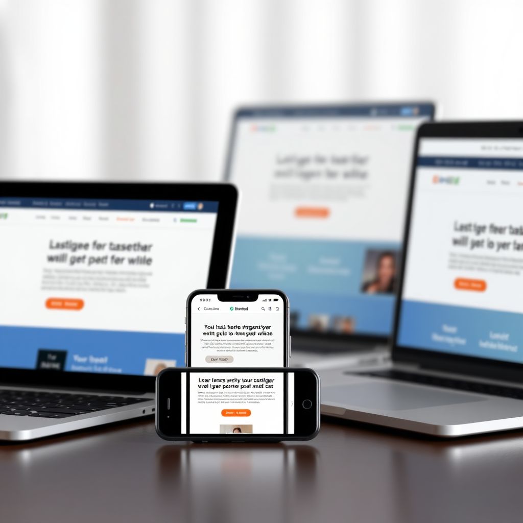 A photorealistic image showcasing a responsive landing page design on a variety of devices (smartphone, tablet, laptop). The devices are arranged in a visually appealing composition. The background is blurred to focus on the screens. The lighting is soft and even, highlighting the clarity of the landing page on each device. The color palette is consistent across all devices, reinforcing brand identity. Camera angle: Slightly elevated, capturing all devices in the frame. Style: Clean, modern, and responsive. Texture: Mix of smooth glass screens and device casing textures.