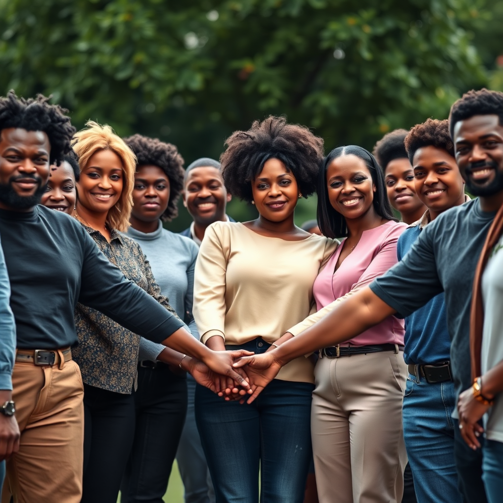 A photorealistic image showing a diverse group of Black people standing together, holding hands. The image should convey unity, strength, and hope for the future. The background is blurred, focusing attention on the people. Style reference: Portrait photography. Technical specs: 4K resolution, high quality.