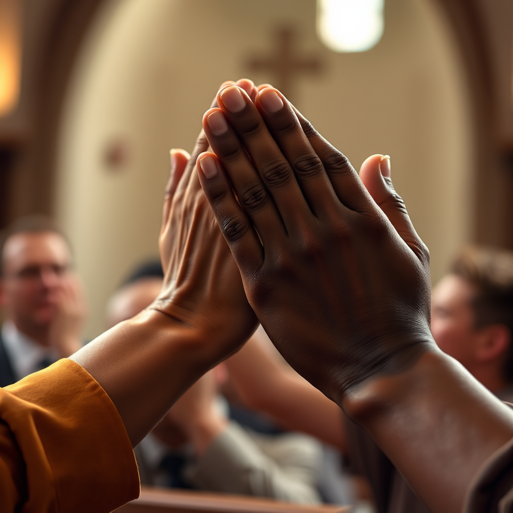 A photorealistic image showing a close-up of hands clasped in prayer during a church service. The hands are of varying skin tones, symbolizing unity. Soft, diffused light illuminates the hands, creating a sense of peace and reverence. The background is blurred, focusing attention on the act of prayer. The color palette is warm and muted. The camera angle is slightly above, looking down at the hands. Capture the texture of the skin and the fabric of the clothing. Style reference: Religious iconography. Technical specs: 4K resolution, high quality.