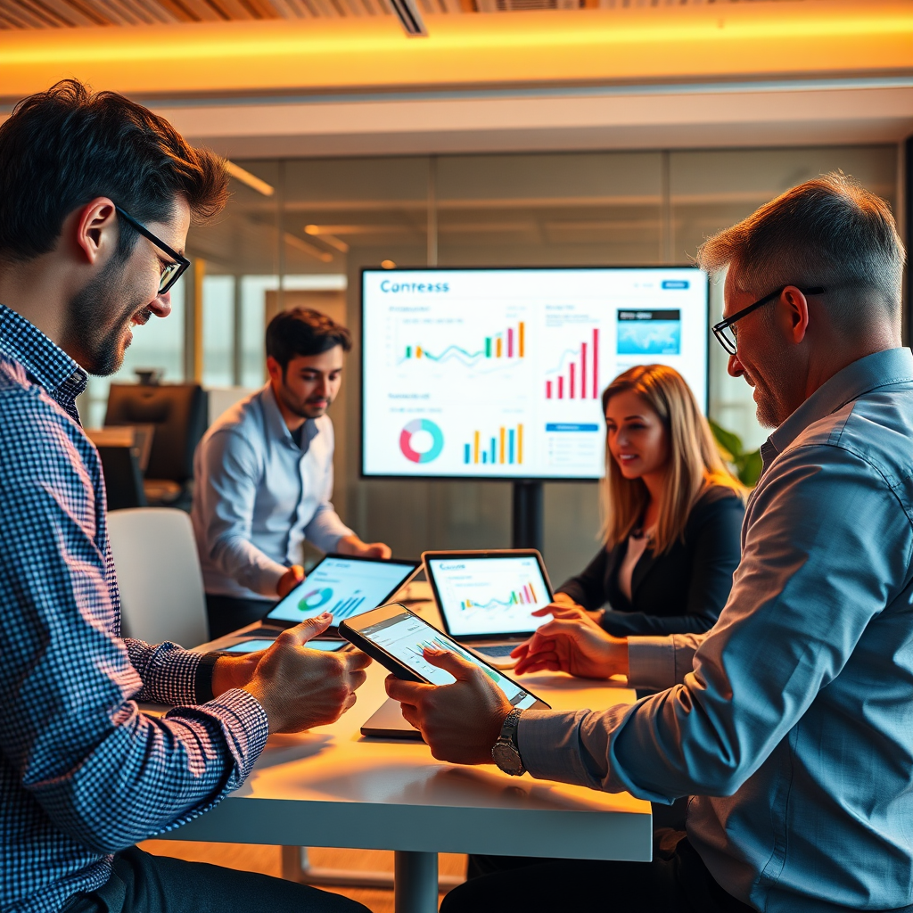 A photorealistic image showing a team of marketing professionals collaborating on a project using digital devices. Scene depicts modern office, showing progress charts and graphs on large screen. The lighting is warm and inviting to create a sense of teamwork and professionalism. Focus is on seamless integration of tasks, with emphasis on productivity. Rendered in 4K resolution.