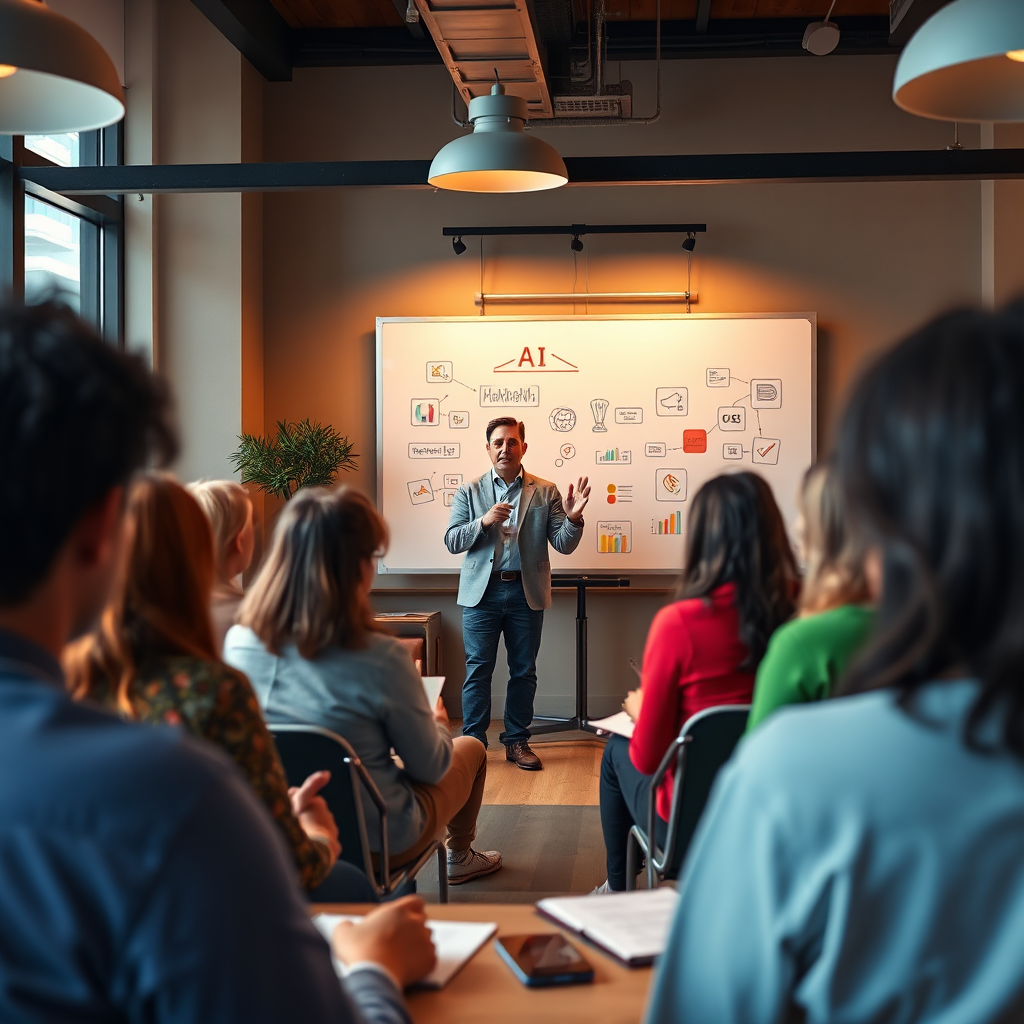 A photorealistic image showing a group of individuals participating in a workshop. A charismatic speaker stands at the front of the room, presenting AI concepts on a large interactive whiteboard. Participants are engaged, taking notes and asking questions. The lighting is warm and inviting, creating a collaborative atmosphere. The color palette is diverse and inclusive, reflecting the diversity of the participants. The room is modern and well-equipped. 4K resolution, high quality.