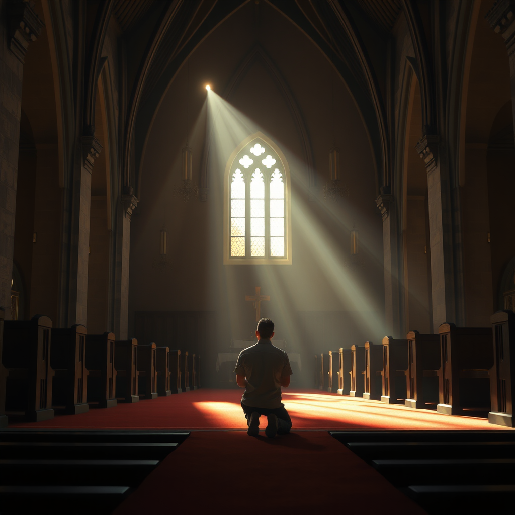 A photorealistic image showing a person kneeling in prayer inside the church. The scene is peaceful and serene, conveying a sense of deep spirituality. Soft, natural light streams through the windows. Style reference: Religious iconography. Technical specs: 4K resolution, high quality.