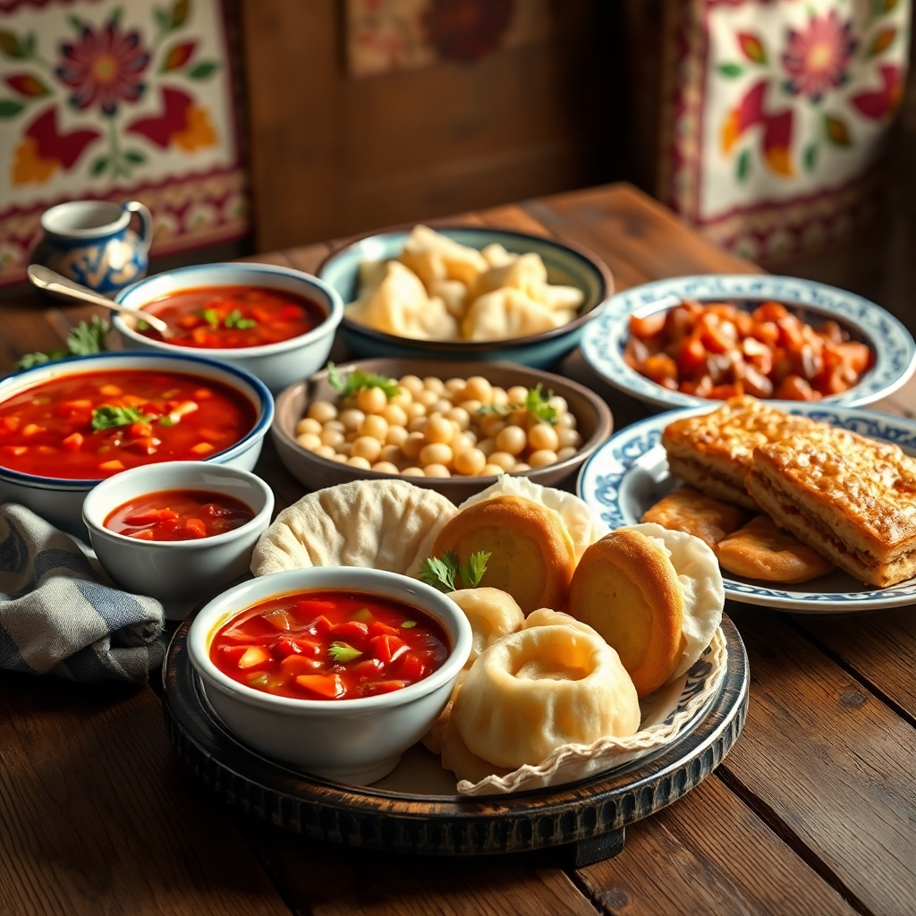 A photorealistic image showing a variety of traditional Russian dishes, including borscht, pelmeni, and blini, arranged artfully on a rustic wooden table. The lighting should be warm and inviting, enhancing the rich colors and textures of the food. Include subtle details like traditional Russian folk art or patterns in the background to emphasize the theme.