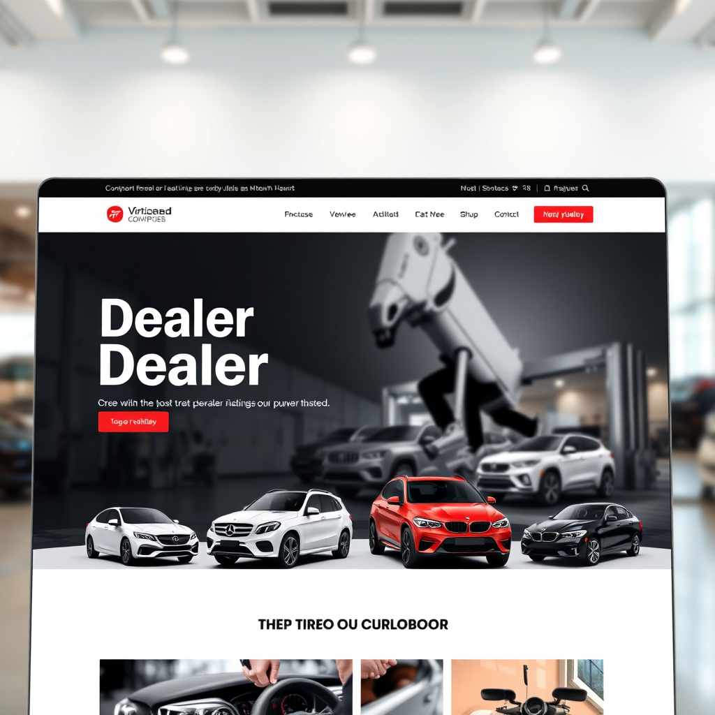 A photorealistic mockup of a website page featuring the dealer's logo, branding elements, and a showcase of their vehicles. The design is clean, modern, and professional. The lighting is bright and inviting. Technical specs: 4K resolution, high quality.