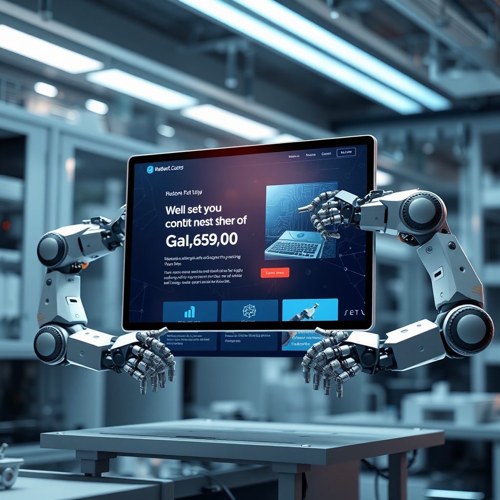 A photorealistic rendering of a website being constructed by robotic arms powered by a neural network. The website design is modern and visually appealing. The robotic arms are sleek and futuristic. The background is a high-tech laboratory setting.