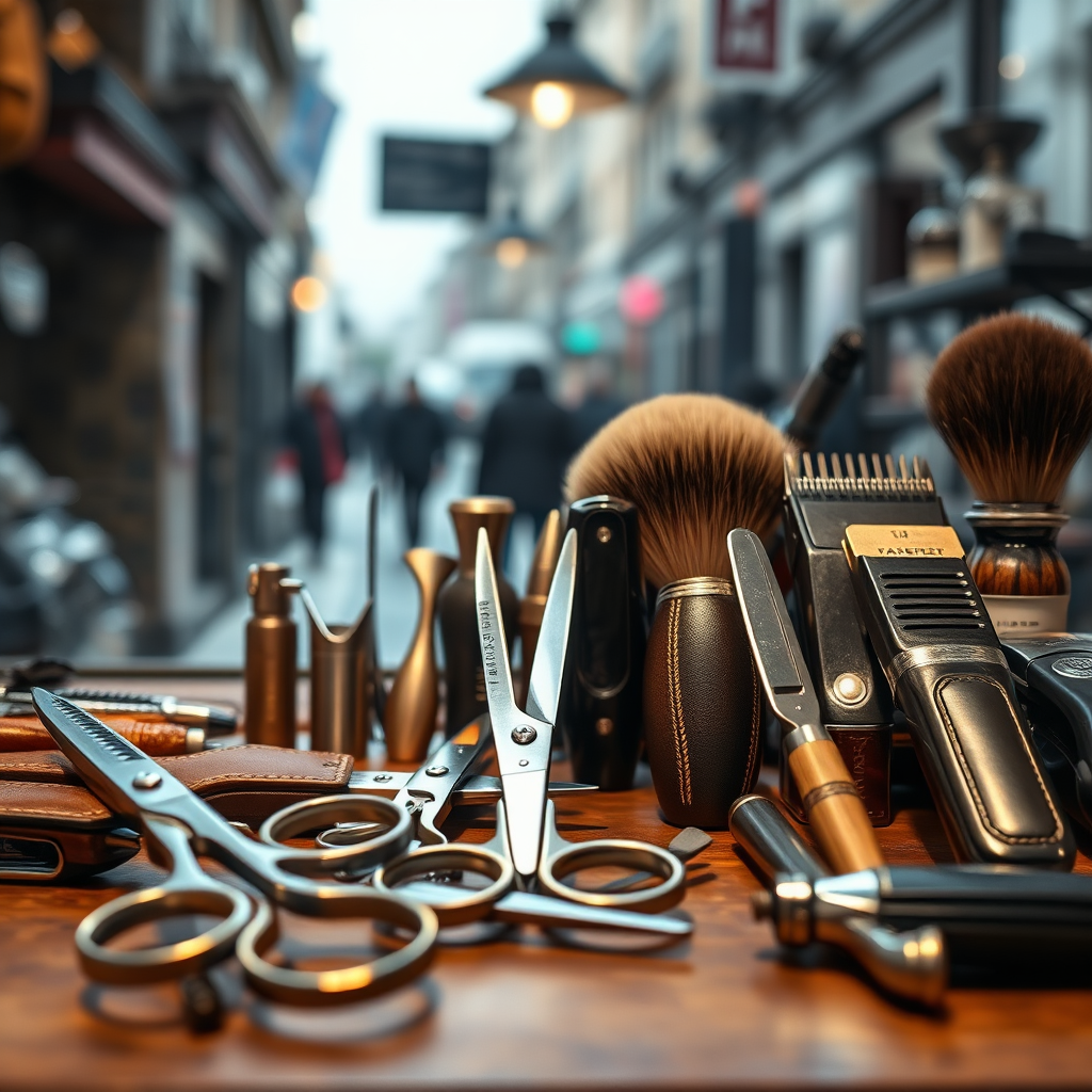 A photorealistic, ultra-high quality image showcasing a modern barber shop tool shop in Berlin. The foreground features a meticulously organized display of premium barber tools: gleaming scissors, vintage straight razors, electric clippers, and handcrafted brushes. Soft, diffused lighting highlights the textures of leather handles, polished steel, and natural wood. In the background, a blurred view of a bustling Berlin street adds depth and context. The color palette is a blend of warm browns, cool silvers, and deep blacks, evoking a sense of classic sophistication and modern innovation. Capture the scene from a slightly low angle, emphasizing the quality and craftsmanship of the tools. Consider a style reminiscent of a high-end product advertisement. 8K resolution, hyperrealistic detail.