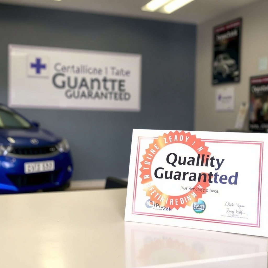 A 'Quality Guaranteed' badge or certificate displayed prominently in the Oyiboke Car Repairs reception area.
