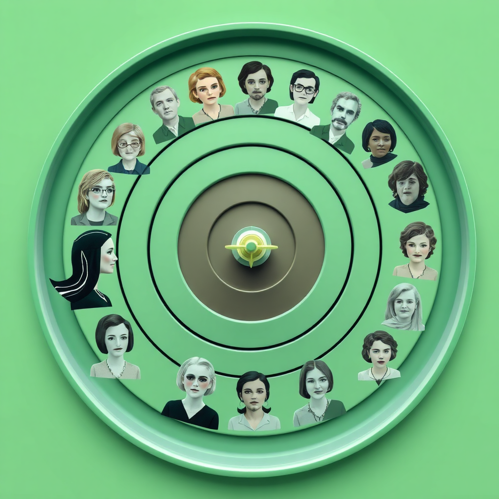 A representation of a bullseye target with an arrow hitting the center, surrounded by diverse demographic profiles. The image should convey precision and accuracy in targeting the right audience. The color scheme should be neutral and professional, with greens and blues. 4K resolution.