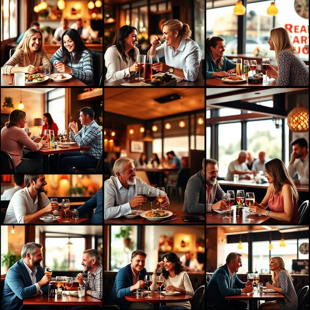 A series of images showing happy diners enjoying their meals at the restaurants. The images should depict various scenarios, such as families sharing a meal, friends catching up over drinks, or couples enjoying a romantic dinner.  Focus on capturing genuine moments of enjoyment and relaxation to emphasize the positive dining experiences.