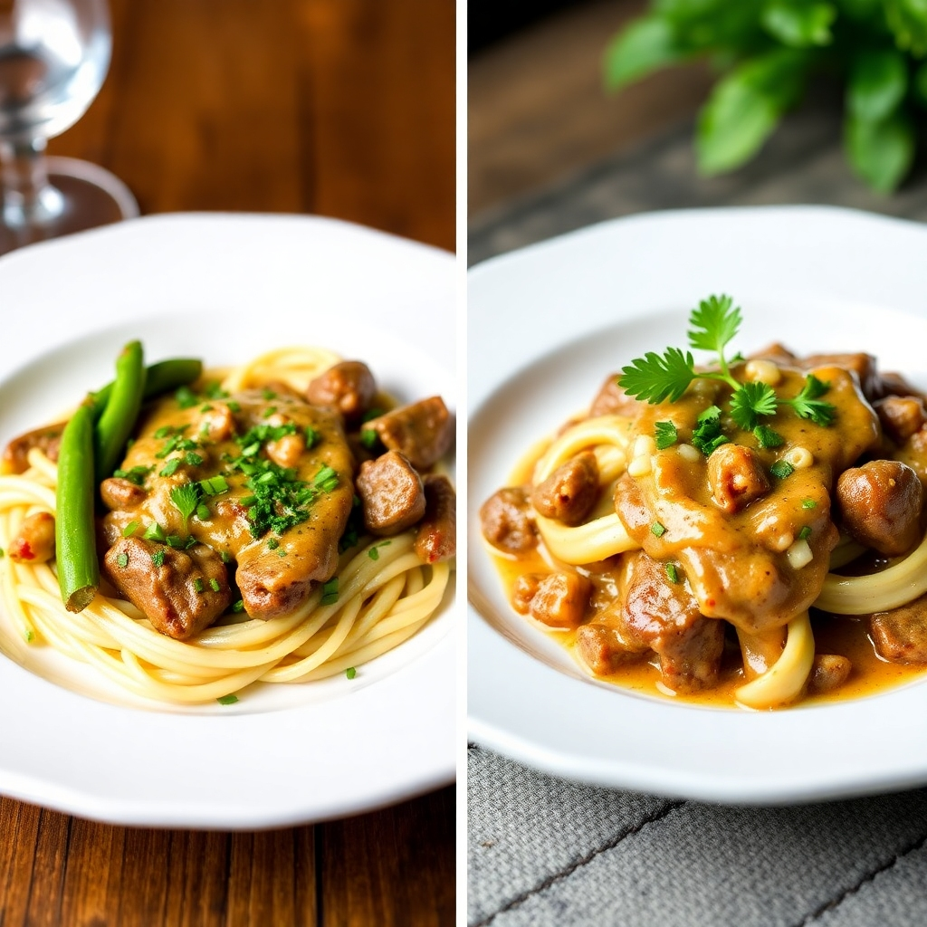 A side-by-side comparison of two dishes—one from each restaurant—that are similar in nature (e.g., beef stroganoff). The images should highlight the differences in presentation and ingredients, allowing for a visual comparison of the culinary styles. Use high-resolution images with clear lighting to showcase the details of each dish.