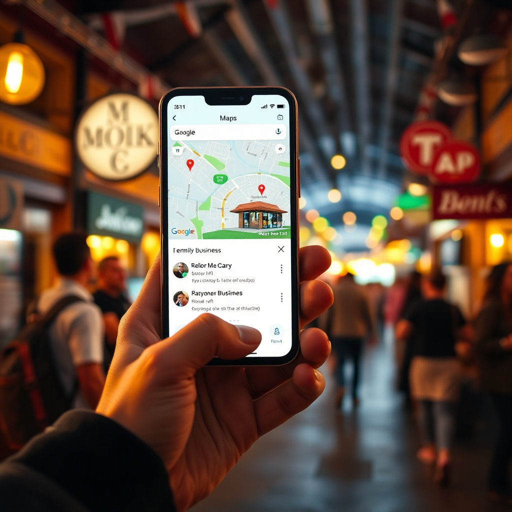 A smartphone displaying a map app with a business prominently featured at the top of the search results. The surrounding area is bustling with activity, suggesting a thriving local business. Lighting is warm and inviting, emphasizing the welcoming atmosphere of the business. 4K
