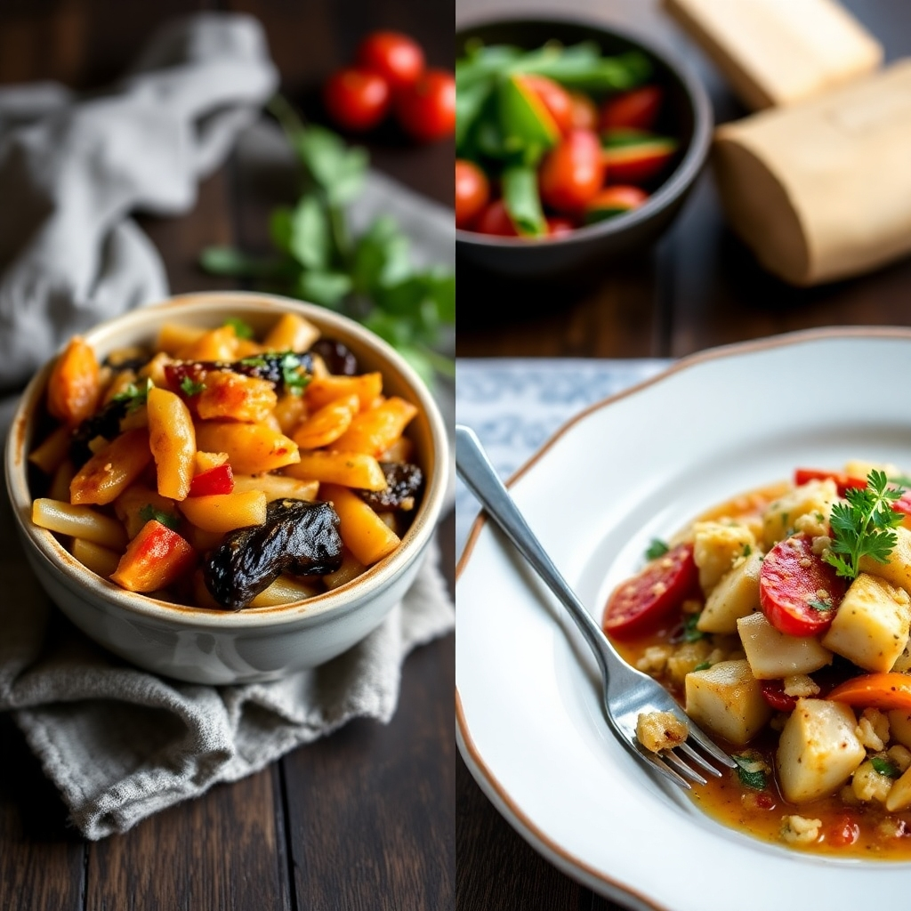 A split image showcasing the contrast between traditional and modern elements of Russian cuisine. One side can show a rustic, home-style dish, while the other side showcases a more modern, innovative dish that incorporates traditional flavors. The images should be professionally styled to highlight the textures, colors, and overall presentation of each dish.