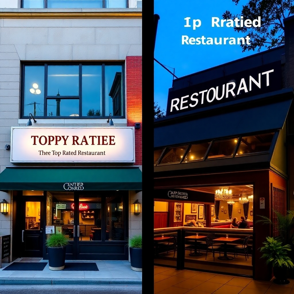 A split image showing the exteriors of the two top-rated restaurants. One side showcases a modern, upscale restaurant with elegant signage and lighting, while the other features a more traditional, cozy restaurant with warm lighting and inviting decor. Both images should be high-resolution and visually appealing, showcasing the unique atmosphere of each establishment.