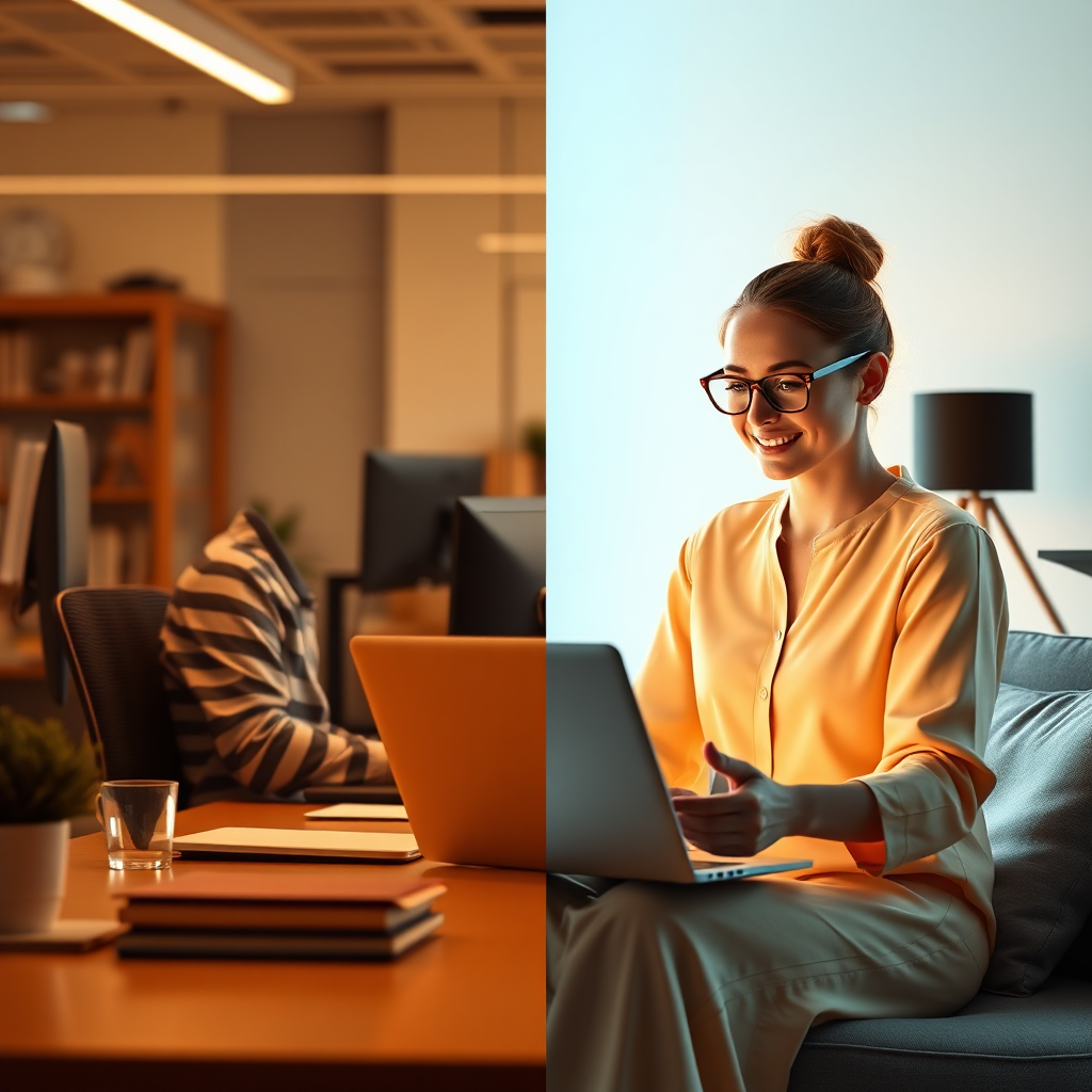 A split-screen image. One side shows a person working at a traditional office job; the other displays the same person confidently managing an AI business on their laptop at home. The colors are contrasting to highlight the shift in lifestyle. A soft, golden light emanates from the 'AI business' side, indicating success and freedom. The overall style should be modern and minimalist. 4k, photorealistic.