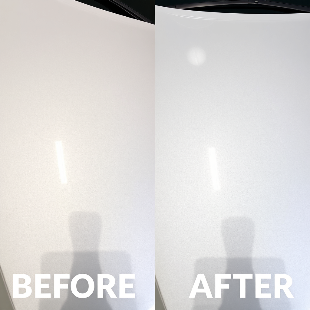 A split-screen image showcasing a car's paint surface before and after paint correction. One side is swirled and dull, while the other is flawless and reflective. Style: Before-and-after automotive detailing.