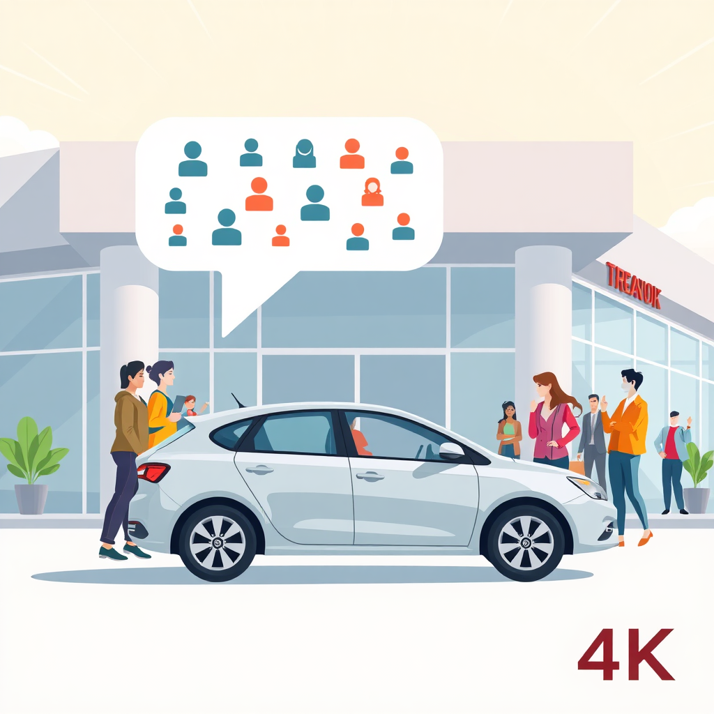 A stylized digital illustration depicting a car with a chat bubble emerging from it, filled with leads icons. The car is parked in front of a modern dealership, with a diverse group of people approaching it. The background is bright and optimistic, with a focus on growth and opportunity. Use a vibrant color palette with a modern, minimalist style. Technical specs: 4K resolution, high quality.