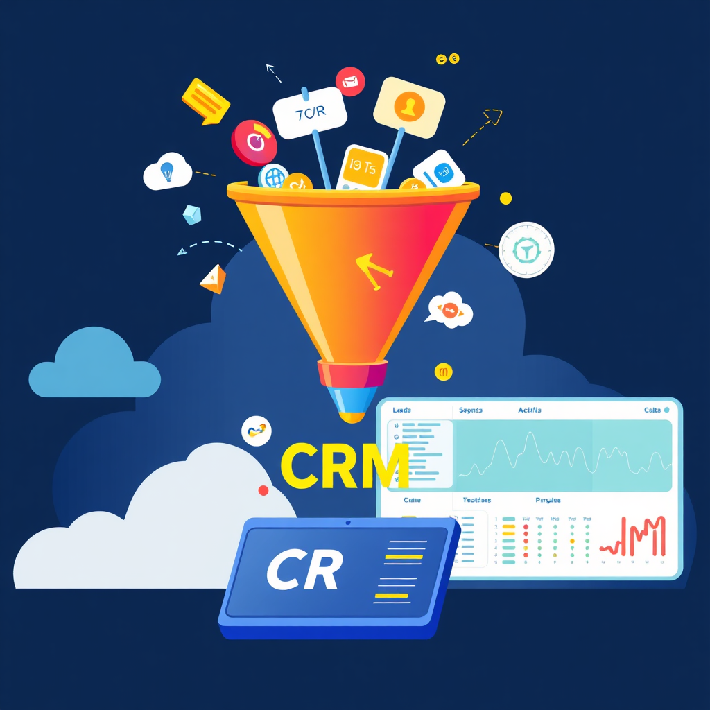 A stylized digital illustration depicting a funnel capturing leads from various sources and feeding them into a CRM system. The funnel is bright and colorful, symbolizing the flow of information. The CRM system is represented by a series of data visualizations. Technical specs: 4K resolution, high quality.