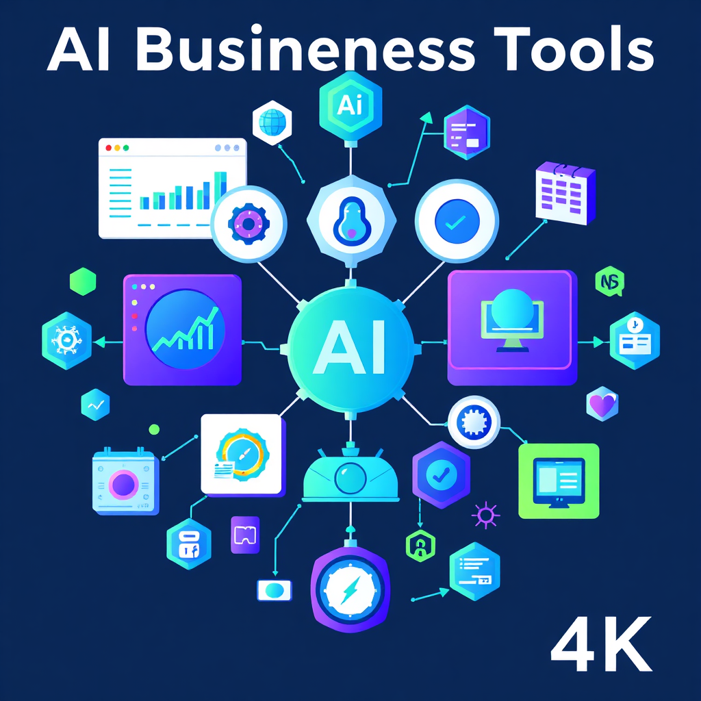 A stylized graphic illustrating a variety of AI business tools, such as analytics dashboards, automation software, and marketing platforms. The tools should be interconnected, highlighting the integrated nature of the system. The colors are vibrant and modern, with a focus on blues, greens, and purples. 4k resolution.