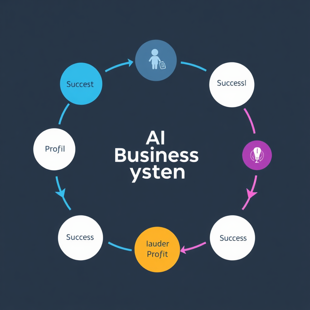 A stylized graphic showing a flowchart or diagram that represents the AI business system. The flowchart leads from a starting point (representing the user) to an end point (representing success and profit). Arrows indicate the flow of processes. The color scheme is clear and easy to follow, highlighting key steps. 4k, graphic design.