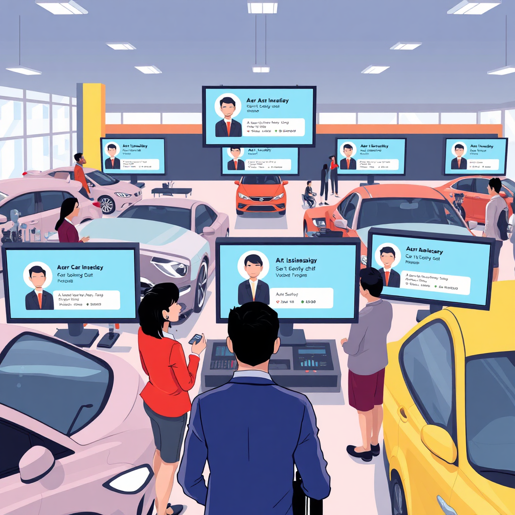 A stylized illustration of a busy car dealership, with multiple screens displaying AI assistant conversations. Human salespeople are interacting with customers, while the AI assistant handles routine inquiries in the background. The scene is dynamic and energetic, highlighting the synergy between AI and human interaction. Technical specs: 4K resolution, high quality.