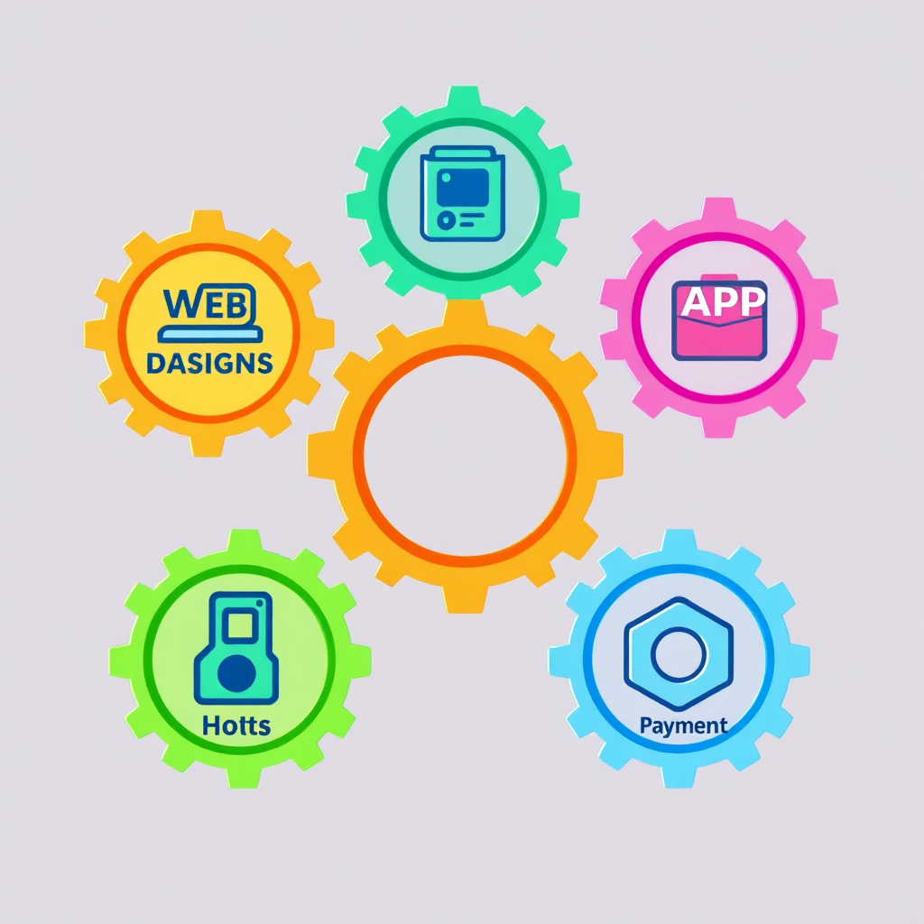 A stylized illustration of gears interlocking smoothly, each gear representing a different service: web design, hosting, app, chatbot, payment. The gears are brightly colored and arranged in a circular pattern, symbolizing integration and efficiency. The background is a clean, minimalist design.