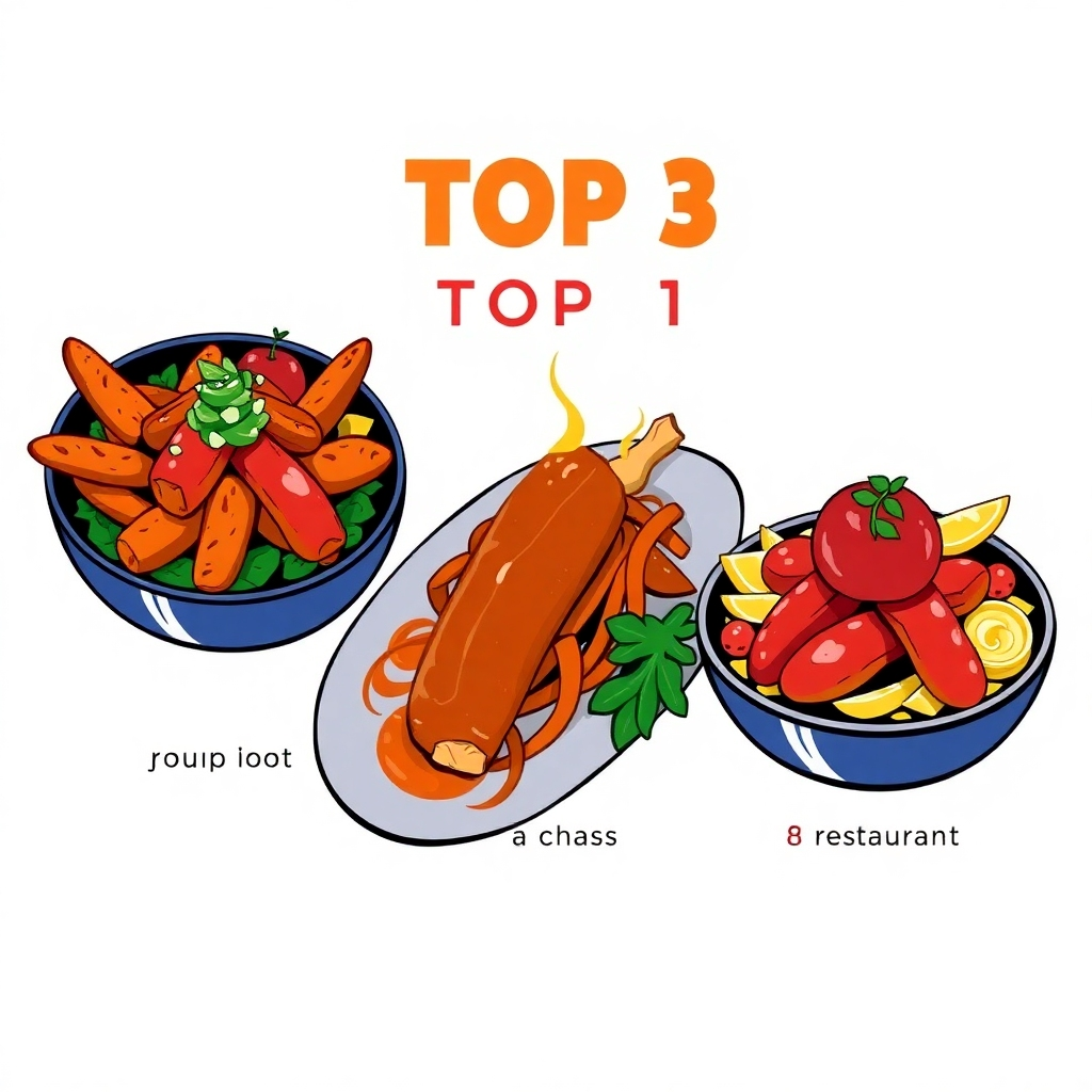 A stylized illustration of three different dishes from the top 3 restaurants, presented in a visually appealing way. Each dish should be clearly identifiable and visually distinct, representing the unique style of each restaurant. Use bold colors and artistic flourishes to convey the vibrancy and deliciousness of Russian cuisine. The background can be a simple, elegant design that complements the dishes without distracting from them.